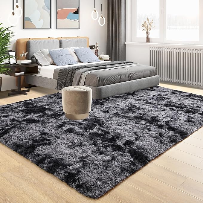 Tepook Soft Fluffy Area Rug for Bedroom, Modern Shaggy Rugs for Living Room, 3x5 Fuzzy Rug for Kids Boys Girls Room, Plush Indoor Nursery Home Decor Rug with Non-Slip Bottom, Tie-dye Dark Grey