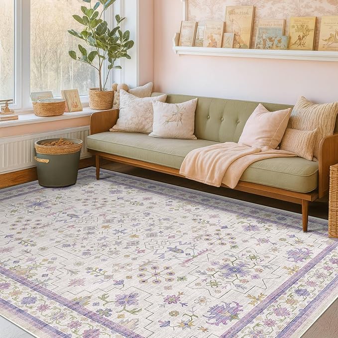 Hazo Haus Purple Rugs for Girls Bedroom, Non Slip Machine Washable 4x6 Floral Area Rug for Nursery Kids Room, Living Room, Low Pile Lavender Girly Dorm Pastel Décor
