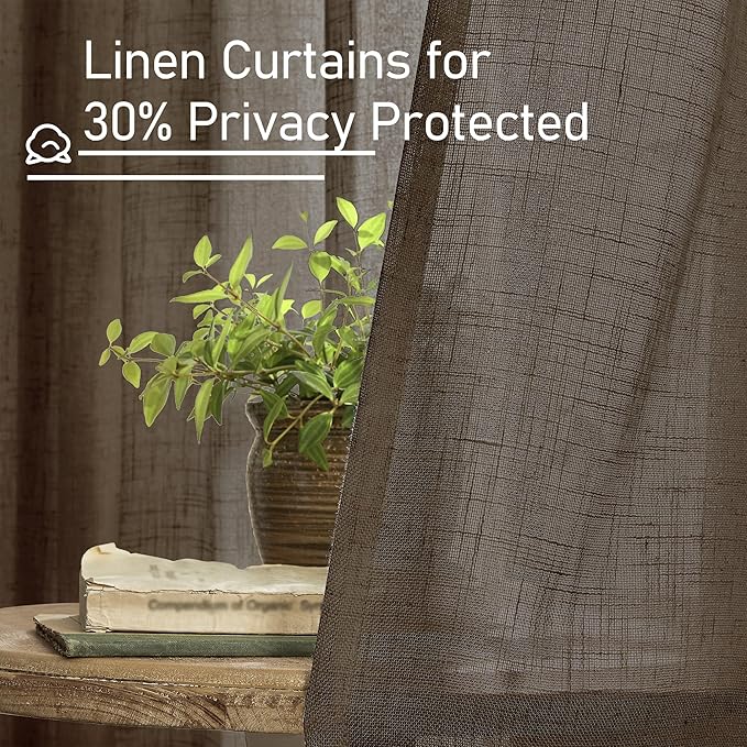 LAMIT Semi Sheer Linen Curtains 45 Inches Long, Light Filtering Panels Back Tab and Rod Pocket Neutral Drapes for Kitchen/Window/Bedroom, Dark Brown, 2 Panels, 52 x 45 Inch