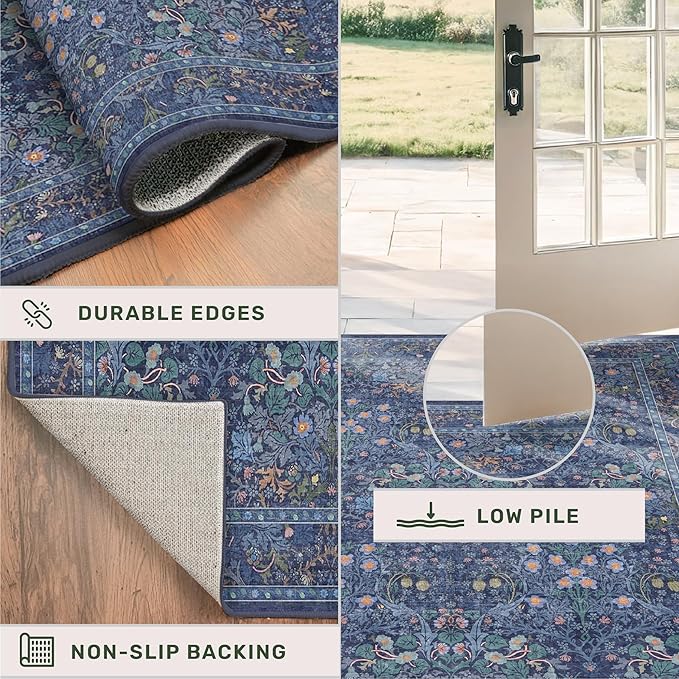Hazo Haus Boho 8x12 Washable Dark Blue Rug for Living Room - Large Area Rug for Dining Room Under Table, Bedroom Under Bed, Vintage Floral Design, Low Pile & Soft Indoor Décor