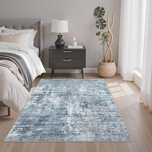 3x5 Rug, Small Area for Kitchen, Entryway, Machine Washable Non-Slip Throw Rug, Vintage Carpet for Nursery Coffee Table Blue
