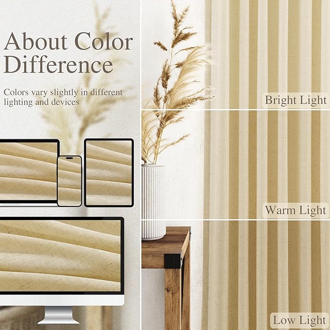 Nanspring Cream Yellow Linen Curtains 63 Inch Length for Living Room Light Filtering Modern Farmhouse Semi Sheer Curtains Back Tab and Rod Pocket Privacy Curtain for Bedroom Office 52x63, 2 Panels