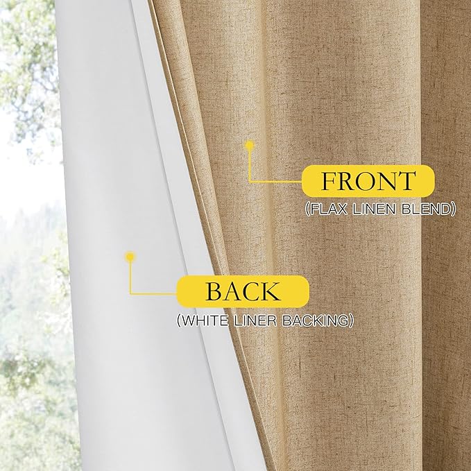 NICETOWN 100% Absolutely Blackout Linen Curtains with Thermal Insulated White Liner, Camel, W52 x L90, 2 Panels, Textured Linen Look Noise Reducing Window Treatments Drapes for Bedroom/Living Room