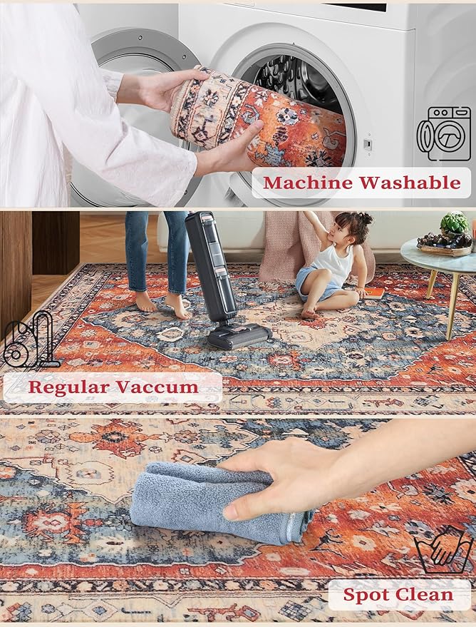 SERISSA Runner Rug for Hallways, 2'6"x18' Washable Non Slip Kitchen Runner Rug, Extra Long Boho Rug Ultra Soft Vintage Tribal Print Floor Carpet for Hallway Living Room Dining Room Bedroom