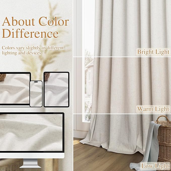 Guken 102 Inches Extra Long Boho 100% Blackout Linen Curtains 2 Panels Set for Living Room Bedroom Back Tab Thermal Insulated Black Out High End Drapes Room Darkening Window Curtain