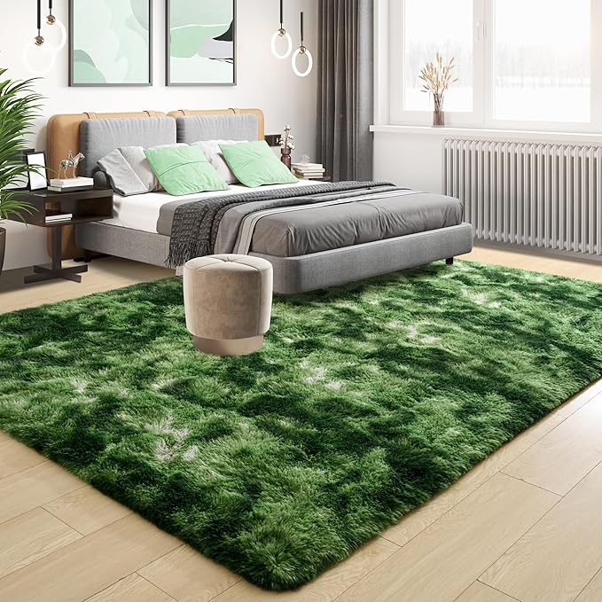 Tepook Soft Fluffy Rugs for Bedroom, 4x6 Area Rug for Living Room, Modern Shaggy Room Rug for Kids Boys Girls, Plush Throw Rugs Indoor Nursery Home Decor Rug with Non-Slip Bottom, Tie-Dyed Dark Green