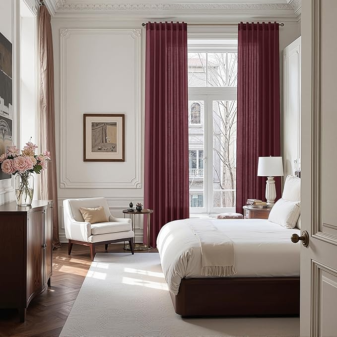 Nanspring Burgundy Linen Curtains for Living Room 100 Inches Long Light Filtering Semi Sheer Curtain Back Tab Vintage Boho Decor Elegant Luxury Drapes for Bedroom Dinner Room 52x100, 2 Panels