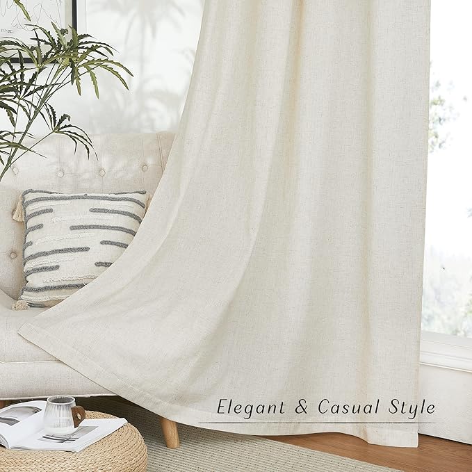 NICETOWN Thick Linen Blend Curtains Flax Textured for Bedroom, Rustic Grommet Semi Sheer Privacy Added Window Curtains & Drapes Light Filtering for Nursery, Natural, W42 x L63, Set of 2