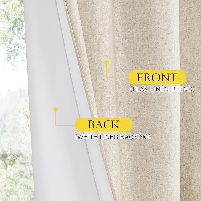 NICETOWN 100% Absolutely Blackout Linen Curtains with Thermal Insulated White Liner, 52" Wide, 2 Panels, 84 inches Long Drapes, Grommet Retro Beige Linen Curtains Vertical Drapes Privacy for Bedroom