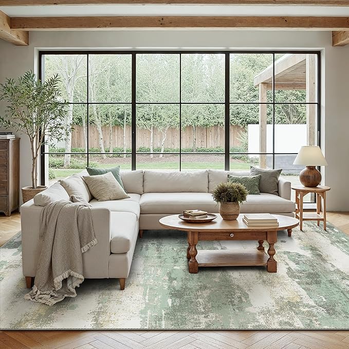 BEIMO Area Rugs 5x7 for Living Room Bedroom, Modern Abstract Machine Washable Large Light Green Rug Soft Rug, Low Pile Floor Carpet with Non Slip Backing for Dining Room