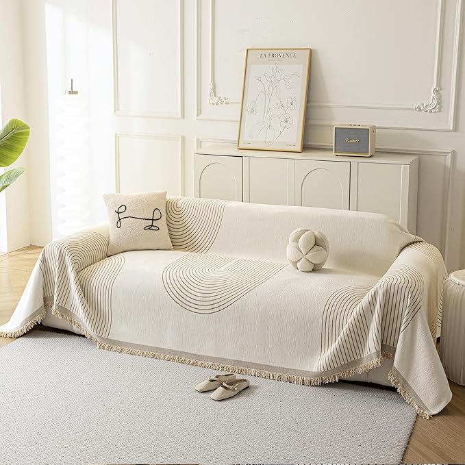 Boho Sofa Covers for 3 Cushion Couch, Chenille Sofa Slipcover for Pets Washable, L-Shape Sectional Loveseat Cover Soft Throw Blankets with Tassels(91x134,Arc Beige)