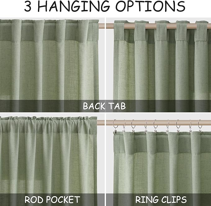 Nanspring Light Sage Linen Curtains 96 Inches Long 2 Panels Set for Living Room Rod Pocket Back Tab Semi Sheer Light Filtering Protect Privacy Pale Green Curtain for Bedroom Floor Length 52x96