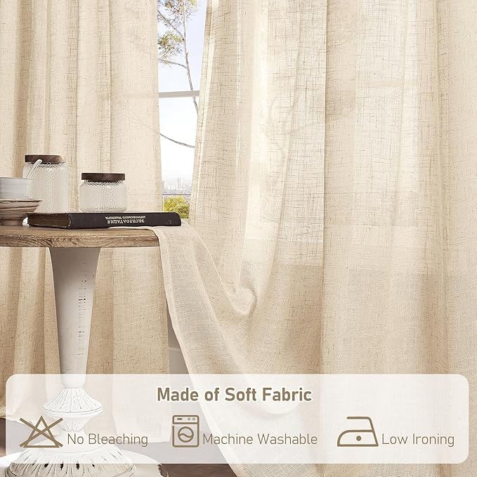 LAMIT Natural Linen Blended Curtains for Living Room, Back Tab and Rod Pocket Semi Sheer Curtains Light Filtering Country Rustic Drapes for Bedroom/Farmhouse, 2 Panels,52 x 120 Inch, Linen