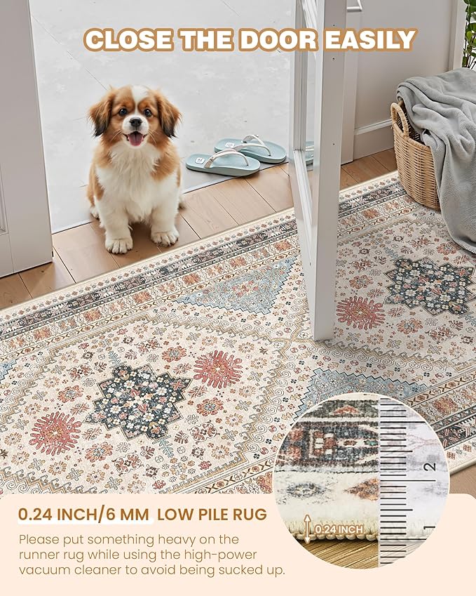 Hallway Runner Rug 2x12, Extra Long Washable Runner Rugs with Rubber Backing, Non Slip Runner, Vintage Rug Runners for Kitchen Laundry Room Entryway (Blue/Red/Multi,2'x12')