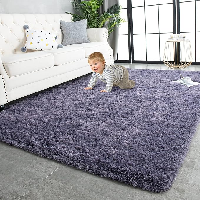 TWINNIS Super Soft Shaggy Rugs Fluffy Carpets 6x9 Feet, Indoor Modern Plush Area Rugs for Living Room Bedroom Kids Room Nursery Home Decor, Upgrade Anti-Skid Rectangular Fuzzy Rug, Grey Purple