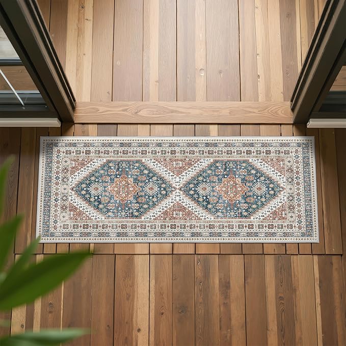 Runner Rug 2x6, Ultra-Thin Entryway Rug Non Slip Washable Rugs for Laundry Room, Runners for Hallways, Vintage Soft Rugs for Living Room, Kitchen, Bedroom(Blue/Red,2'x6')
