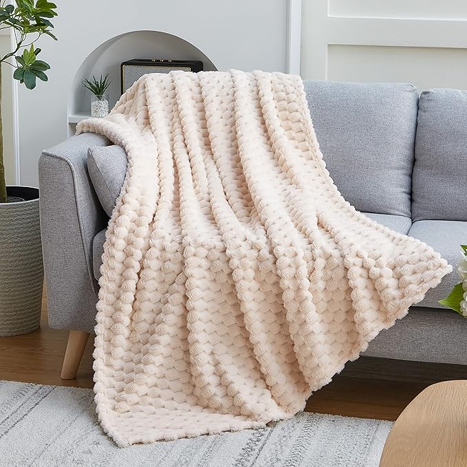 EXQ Home Fleece Blanket Throw XL for Couch or Bed - 3D Imitation Turtle Shell Jacquard Decorative Blankets - Cozy Soft Lightweight Fuzzy Flannel Blanket Suitable for All Seasons(50"×70",Beige)