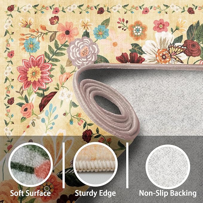 Floral Washable 6x9 Area Rugs, Soft Bedroom Rug for Living Room Ultra-Thin Non Slip Dining Room Rug, Stain Resistant Rugs Easy Clean Throw Carpet for Office(6 x 9, Yellow Garden)