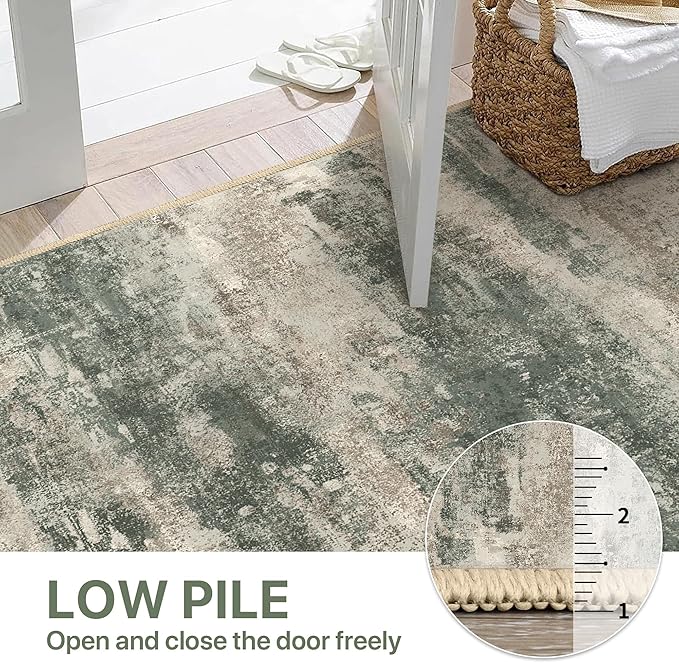 BEIMO Runner Rug for Hallway Kitchen, 2'x6' Machine Washable Runners Rug for Entryway, Soft Modern Abstract Throw Rugs, Low Pile Floor Cover with Non Slip Backing, Grey/Dark Green