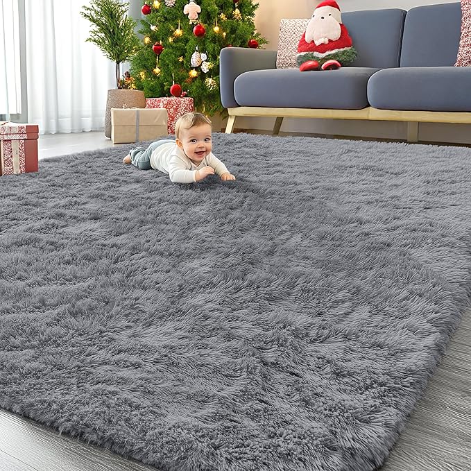 OLANLY 8x12 Machine Washable Large Area Rugs for Living Room, Bedroom, Soft Fluffy Shaggy Bedside Rug, Indoor Floor Carpet for Kids Girls and Boys, Dorms, Nursery, Home Decor Aesthetic, Light Grey