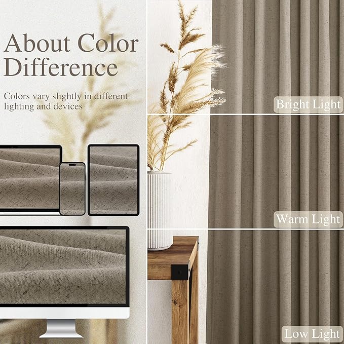 Mocha Linen Curtains 120 Inch Extra Long for Living Room Back Tab Light Filtering Semi Sheer Drapes Modern Farmhouse Boho Decor Cotton Textured Curtain for Floor to Ceiling High Window 52x120
