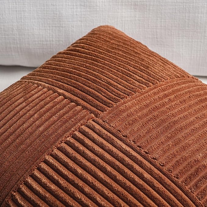 Fancy Homi 2 Packs Rust Big Decorative Throw Pillow Covers 24x24 Inch for Living Room Couch Bed, Rustic Farmhouse Boho Home Decor, Soft Corss Corduroy Patchwork Square Terracotta Cushion Case 60x60 cm