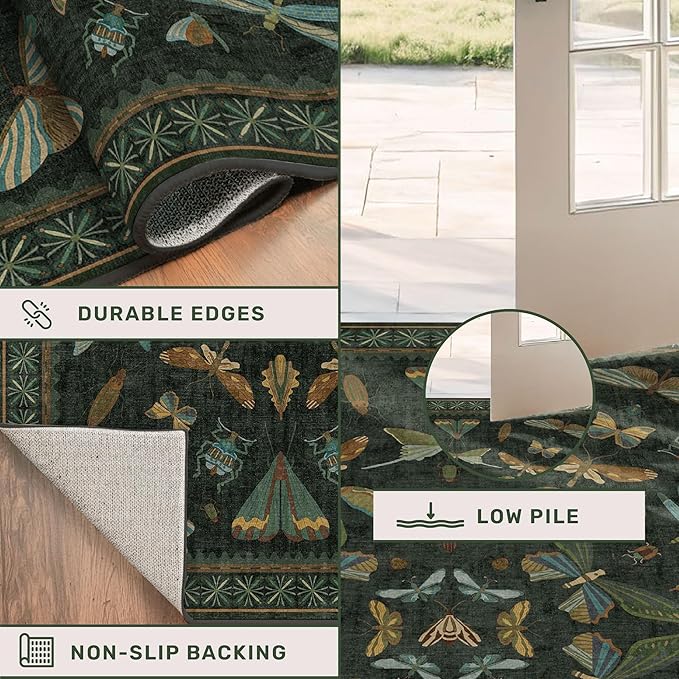 Hazo Haus Washable Insect 2x6 Runner Rug for Hallway- Stain Resistant Kitchen Runners, Floral Whimsical Indoor Floor Mat for Bathroom, Soft Non Slip with Rubber Backed, Dark Green