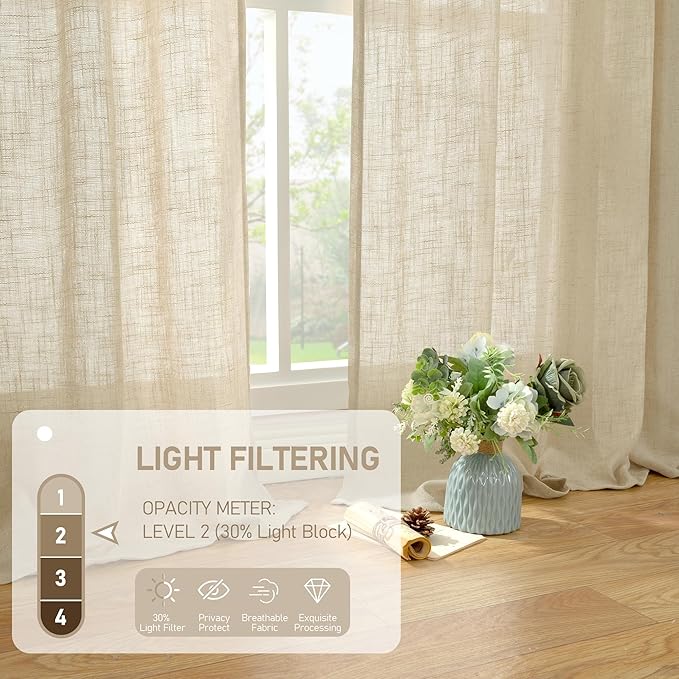 LAMIT Light Filtering Linen Curtains 72 Inches Long for Bedroom, Linen Textured Semi Sheer Back Tab and Rod Pocket Boho Drapes for Window/Living Room, Linen, 2 Panels, 34 x 72 Inch