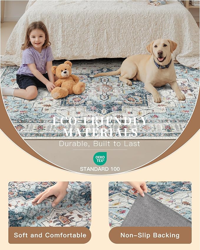 Madane Hallway Runner Rug 2x12, Extra Long Washable Runner Rugs with Rubber Backing, Non Slip Carpet Runner, Vintage Medallion Rug Runners for Kitchen Laundry Room Entryway (Blue, 2'x12')