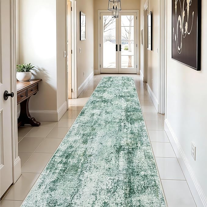 Hallway Runner Rug 2x8 Washable: Entryway Runners Rugs Non Slip Easy-to-Clean - Soft Living Room Bedroom Carpet - Thin Low Pile Printed Floor Mat for Dining Room Green