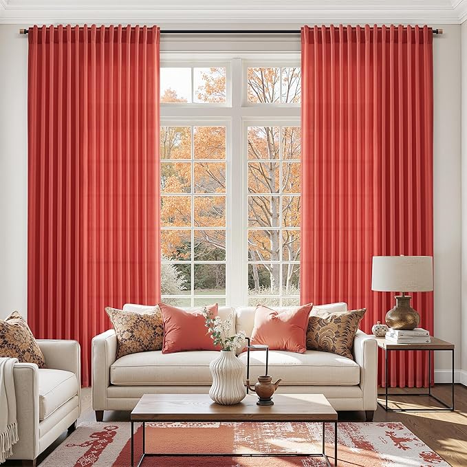 Christmas Red Linen Curtains 90 Inches Long for Living Room Light Filtering Semi Sheer Curtain Back Tab and Rod Pocket Vintage Rustic Luxury Home Decor Neutral Drapes for Bedroom 52x90, 2 Panels