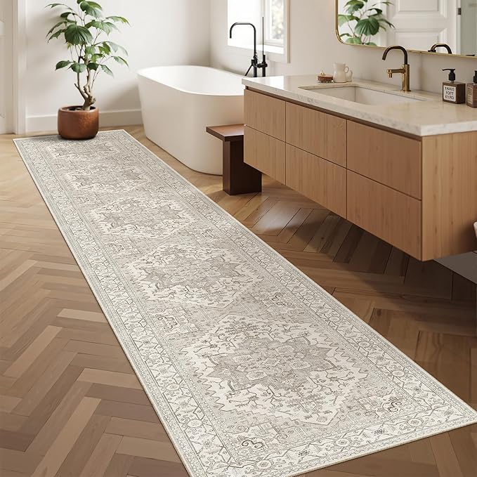 Madane Hallway Runner Rug 2x12, Long Washable Runner Rugs 12ft with Rubber Backing, Non Slip Carpet Runner, Vintage Rug Runners for Kitchen Laundry Room Entryway (Beige/Brown, 2'x12')