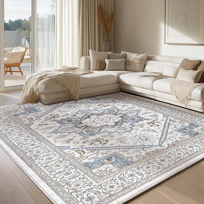 OPPODREAM Soft Neutral Area Rugs 3x5, Washable Rugs with Non Slip Backing, Low-Pile Throw 3x5 Carpet, Faux Cashmere 3 x 5 Carpet, Cream White & Blue & Light Brown