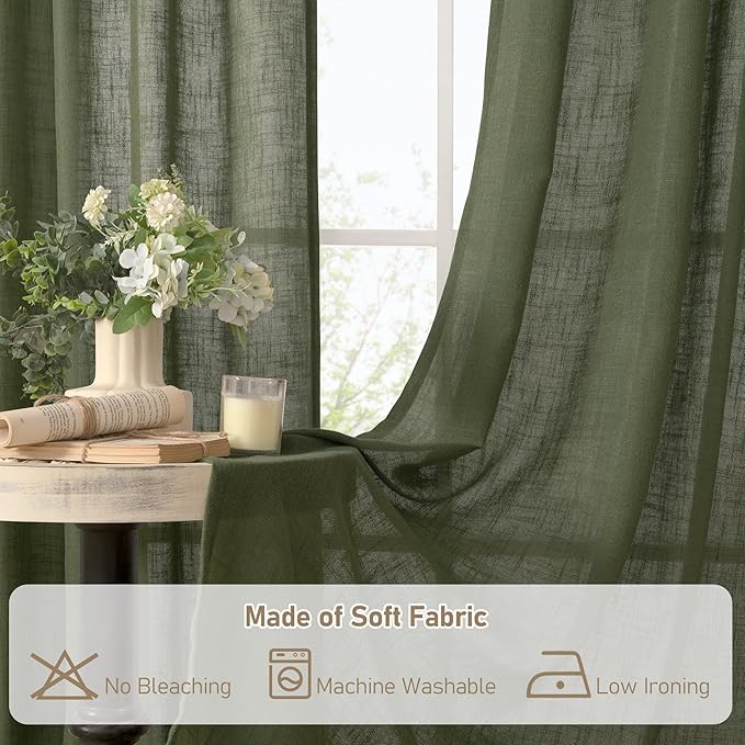 LAMIT Light Filtering Linen Curtains 72 inches Long for Bedroom, Linen Textured Semi Sheer Back Tab and Rod Pocket Boho Drapes for Small Window/Living Room, Olive Green, 2 Panels, 34 x 72 Inch