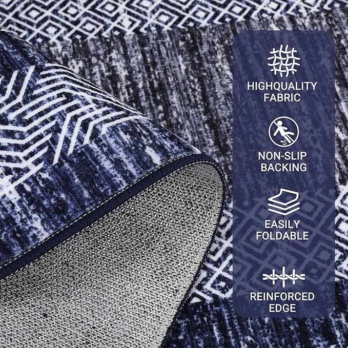 GarveeHome Modern Geometric Area Rug 2x3 Distressed Bordered Washable Non Slip Floor Small Carpet Non Shedding Thin Soft Low Pile Rug, Contemporary Navy Blue Rug for Dining Room, Living Room