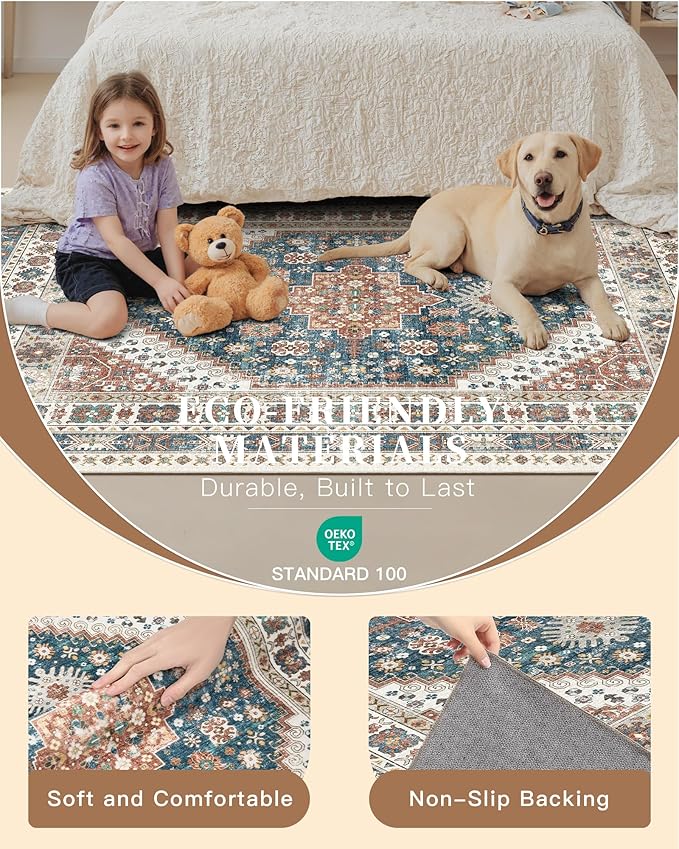 Madane Washable Area Rug 2x3, Small Entryway Rug Non-Slip Vintage Door Mat Indoor Entrance, Low Pile Floor Carpet for Inside Front Door Bedroom Kitchen Entry Laundry (2'x3', Navy Blue)