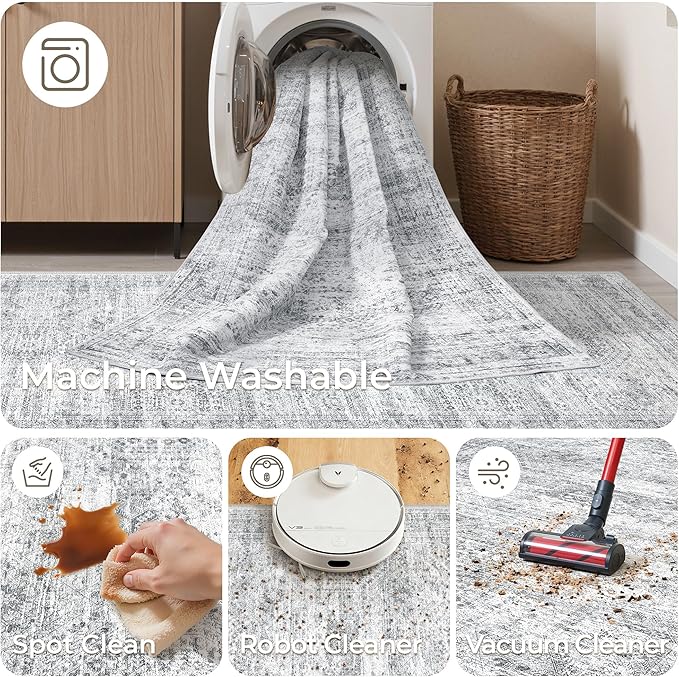 Washable Runner Rug 2.5x14, Non-Slip Long Hallway Runner for Entryway, Soft Vintage Kitchen Mats for Floor, Abstract Dining Room, Bedroom, Living Room Rugs(2.5'x14', Grey/Ivory)
