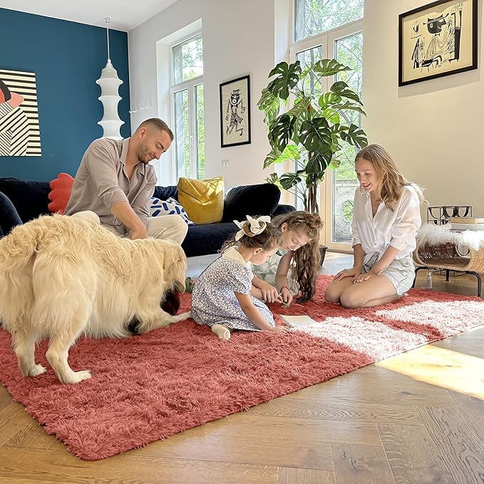 OLANLY 3x5 Machine Washable Small Bedside Rug, Soft Fluffy Shaggy Rugs for Living Room, Bedroom, Indoor Floor Carpet for Kids Girls and Boys, Preppy Dorms, Nursery, Home Decor Aesthetic, Rust Red