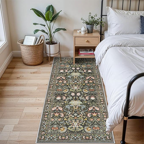 3x6 Washable Hallway Area Rugs: Vintage Floral Entryway Kitchen Runner Rug Ultra Soft Anti-Slip Beside Carpet Indoor Farmhouse Floor Mat for Bathroom Living Room Bedroom Durable Doormat(3x6,Green)