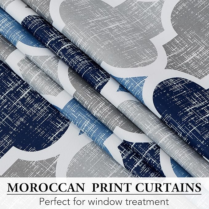 Beauoop 100% Blackout Curtains 108 Inches Long 2 Panels for Bedroom Living Room Blue Grey Moroccan Geo Room Darkening Thermal Insulated Soundproof Grommet Top Window Treatments Drapes, 50x108 Set of 2