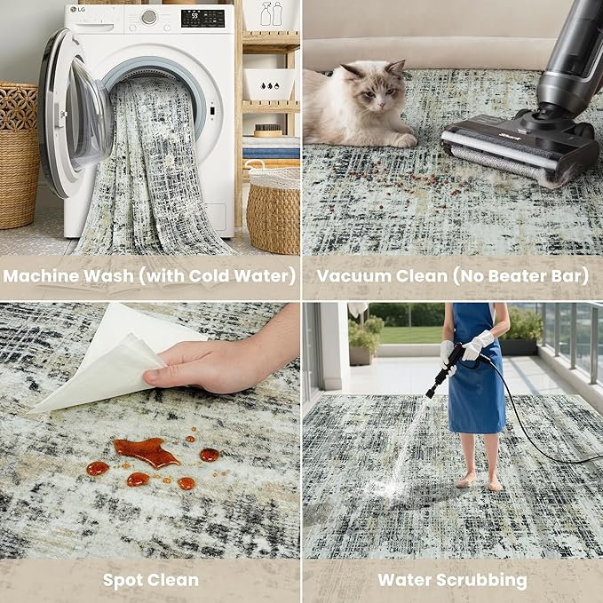 6x9 Area Rugs for Living Room Washable Rug: Anti-Skid Abstract Modern Living Room Rug Soft Thin Carpets Indoor Floor Non-Shedding Carpet for Bedroom Dining Farmhouse Nursery Black Gray Gold