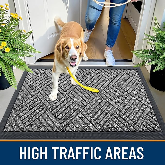 OLANLY Front Door Mat Outside Entrance 59x34, Absorbent, Heavy Duty Sturdy Natural Rubber Doormat Indoor Outdoor, Stain and Fade Resistant, Non-Slip Low Profile Floor Mat for Entryway, Grey Diamond