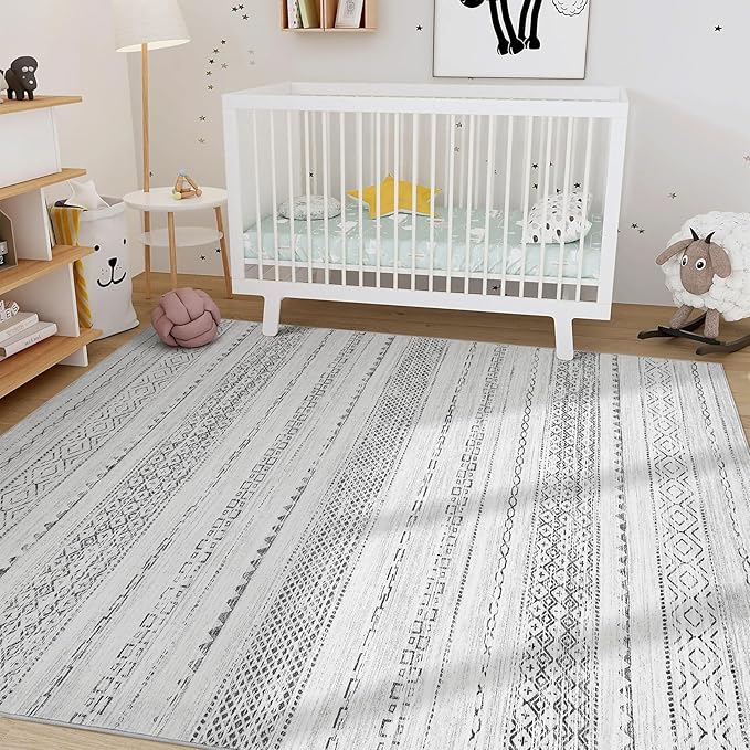 Nakagishi Area Rugs 8x10 Living Room: Washable Boho Large Neutral Soft Farmhouse Rug Stain Resistant Modern Geometric Non-Slip Indoor Carpet for Bedroom Nursery Kids Playroom Office Dining Room- Grey