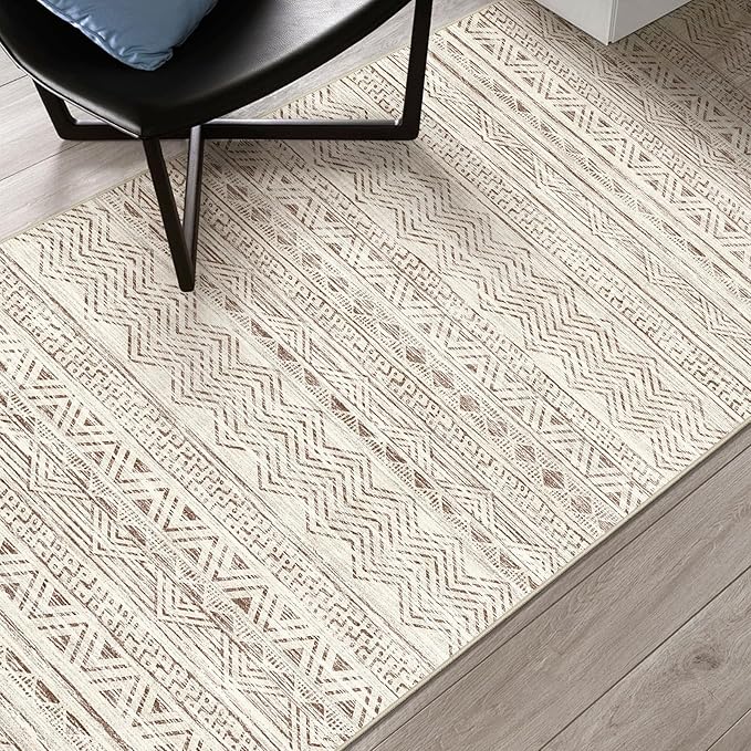 3x4 Washable Entryway Area Rug: Moroccan Small Runner Rug for Hallway Soft Modern Non Slip Door Mat with Rubber Backing Low Pile Thin Floor Carpet for Kitchen Bathroom Bedroom Indoor 3x4 Beige