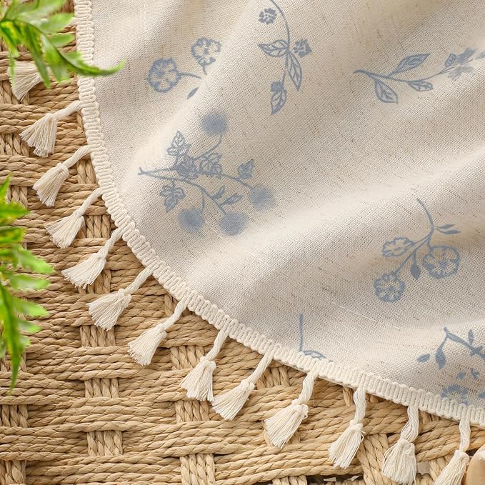 Boho Floral Spring 100% Blackout Curtains 84 Inch Length 2 Panels Set, Linen Texture Farmhouse Curtains with Beige Tassel for Living Room Bedroom, Vintage Rustic Rod Pocket,Light Blue