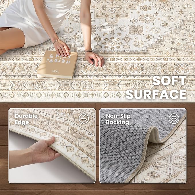 zesthome 8x10 Area Rugs for Living Room,Non-Slip Backing Washable Rugs,Vintage Large Area Rug，Stain Resistant Home Decor Rug