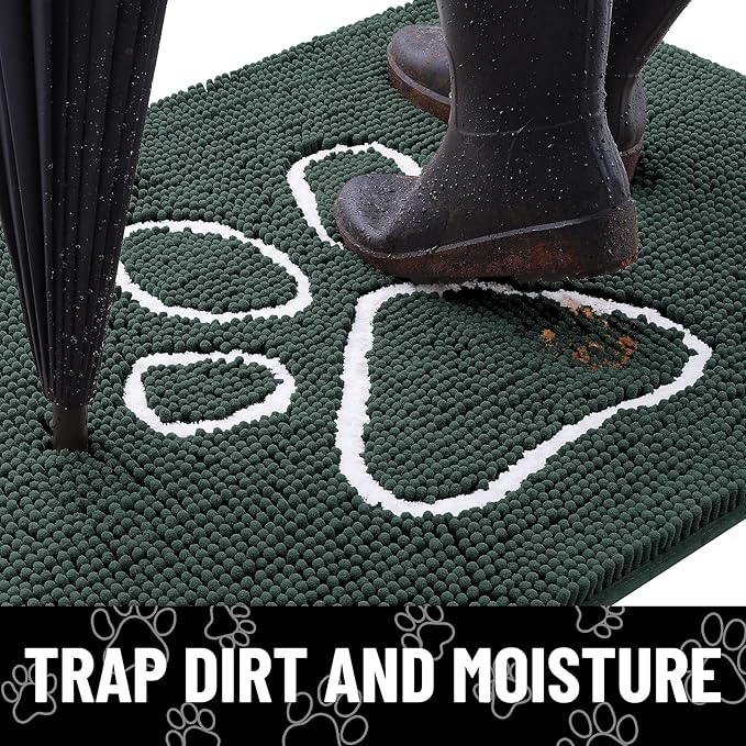Smiry Dog Door Mat for Muddy Paws, Absorbent Dirt Trapper Non Slip Quick Dry Washable Chenille Mat for Mud Dogs, Entry Rug for Indoor and Outdoor (47x24 Inches, Green and White)