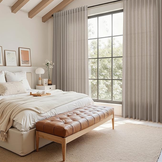Nanspring Ecru Linen Curtains 84 Inches Long for Living Room Light Filtering Semi Sheer Curtain Back Tab and Rod Pocket Rustic Decor Burlap Elegant Soft Luxury Boho Drapes for Bedroom 52x84, 2 Panels