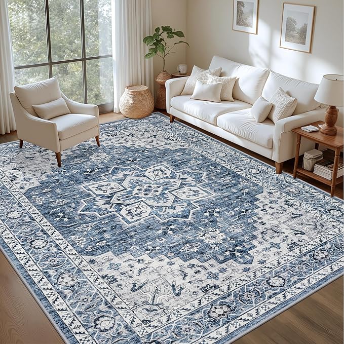 6x9 Area Rugs Living Room Rug: Washable Vintage Boho Medallion Rug No Slip Stain Resistant Soft Carpet Indoor Floor Large Carpets for Bedroom Dining Room Farmhouse Nursery Hallway Home Office Blue