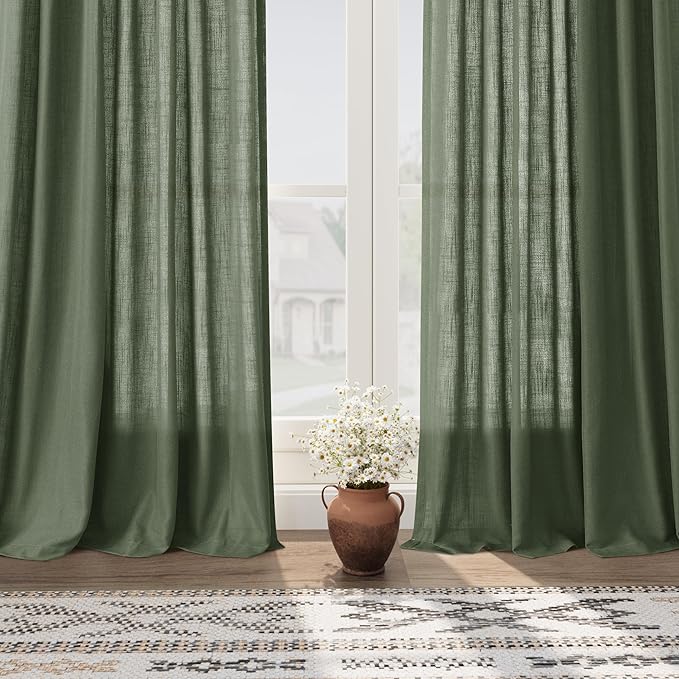 136 Inch Extra Long Curtain for Floor to Ceiling High Window Olive Green Linen Back Tab Curtains for Living Room Filtered and Breathable Semi Sheer Drapes Modern Farmhouse Boho Decor 52x136,2PCS